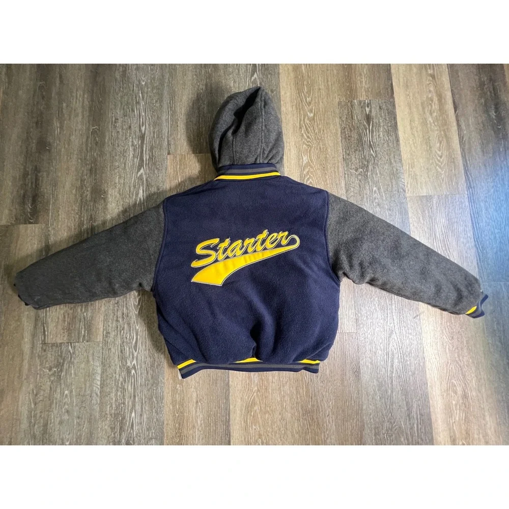 Starter Reversible Puffer Jacket Kids Size L Navy‎ Yellow Hooded Varsity Coat